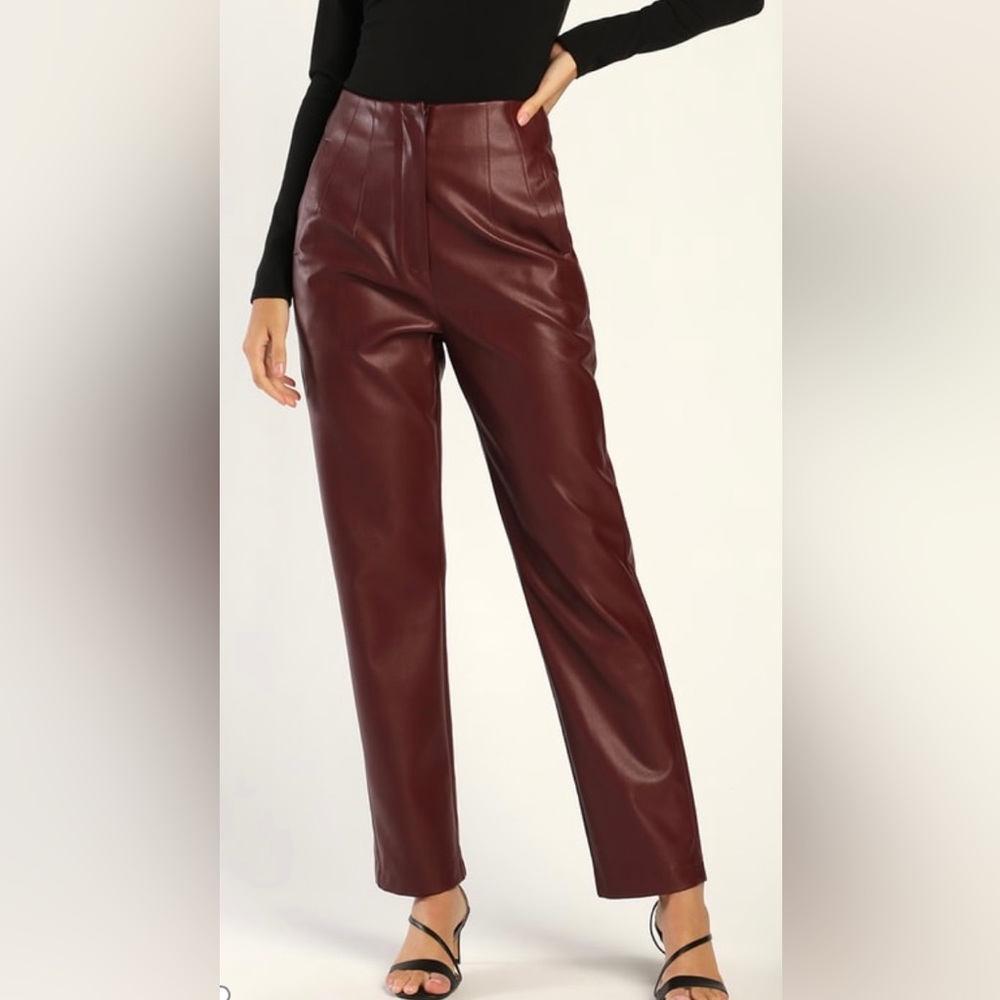 NWT Lulu’s Icon Living Burgundy Vegan Leather High-Waisted Trousers size medium